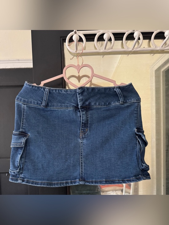 demin Dresses & Skirts - Dark Blue Denim Mini Skirt with Side Cargo Pockets - Women's Casual